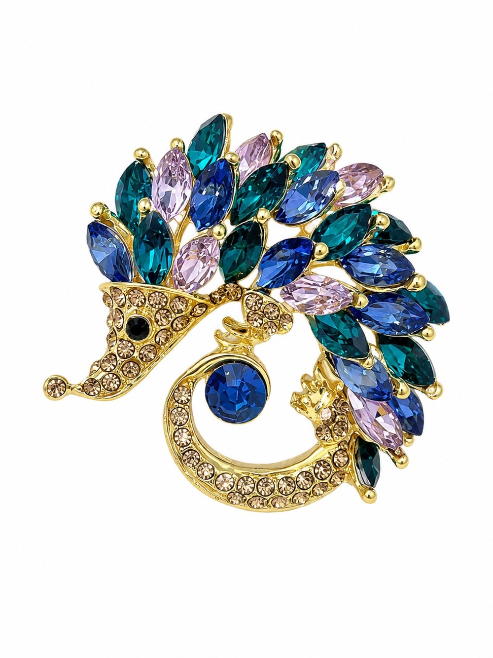 GOLD PEACOCK BROOCH WITH BLUE, TEAL AND LILAC CRYSTALS